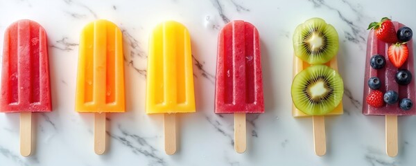 Vibrant assortment of icy fruit popsicles, including berry, kiwi, citrus flavors, arranged on marble surface. Frozen treats perfect for summer refreshment, offering delicious, healthy sweet snack for
