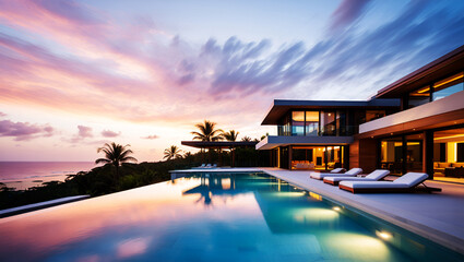 Fototapeta premium Modern Luxury Villa Infinity Pool Ocean Sunset Palms architecture
