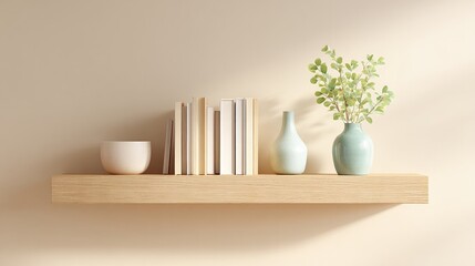 Minimalistic shelf display with books, vases, and delicate flowe