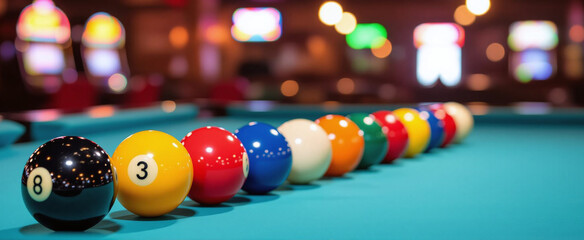 Vibrant lineup of billiard balls ready to be broken on a teal pool table, setting the stage for a game.