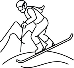 Dynamic line art illustration of a person skiing downhill
