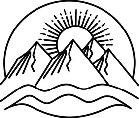 Serene mountain landscape with bright sun illustration