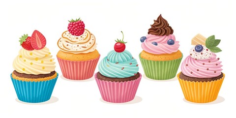 Five Colorful Cupcakes Strawberry, Raspberry, Blueberry and Chocolate, Bakery, Dessert Cupcakes, Sweets