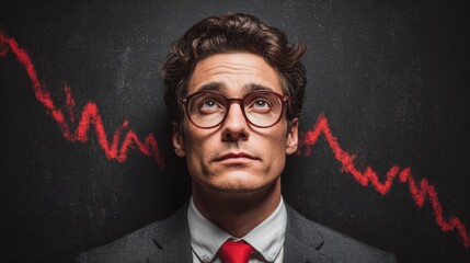 Businessman reflecting on stock market downturn with a furrowed brow and a concerned expression while standing against a dark background