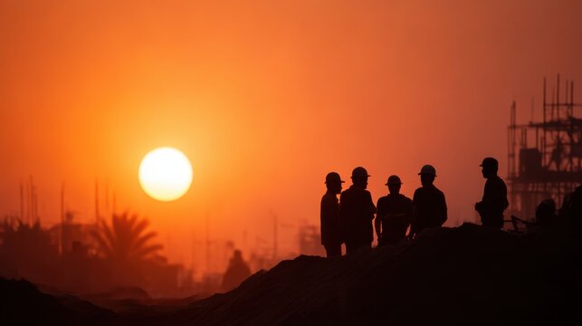 Silhouetted construction workers converse against a vivid sunset backdrop at a bustling site