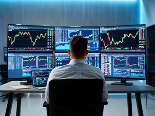 Trader analyzing complex stock market financial data on multiple computer screens in a modern office isolated on white background