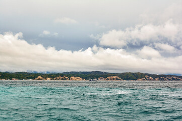 Fototapeta premium Black Sea Shoreline in Abkhazia. Panoramic View of Pitsunda Coast.