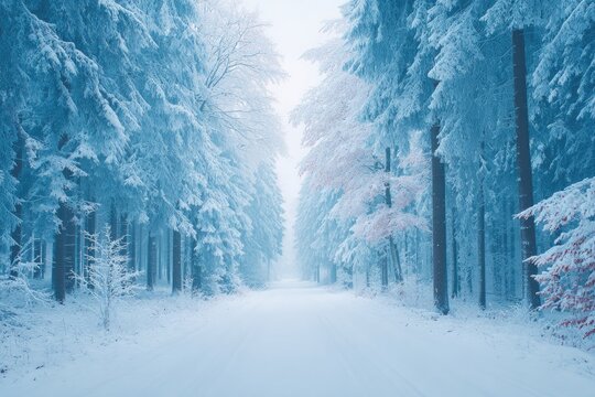 Snow-covered forest path surrounded by frosted trees exuding ser - Powered by Adobe