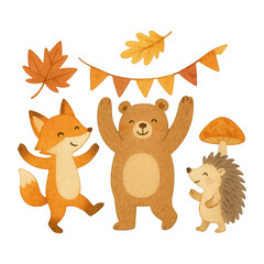 Fototapeta premium PNG Cute woodland animals celebrating autumn.