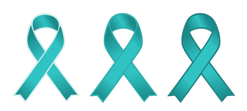 Set of three teal color awareness ribbons representing ovarian cancer, sexual abuse, food allergies, Post-traumatic Stress Disorder, Obsessive–compulsive disorder and other awareness campaigns and eve