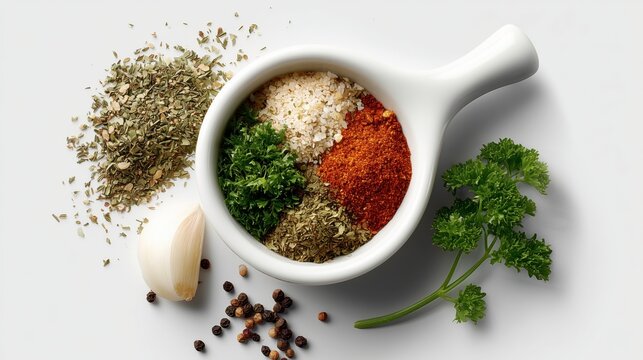 Assorted herbs and spices in white ceramic bowl on gray background  