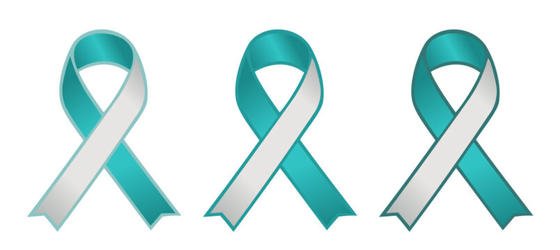 Set of three teal and white color awareness ribbons representing cervical cancer awareness campaigns and events - Powered by Adobe