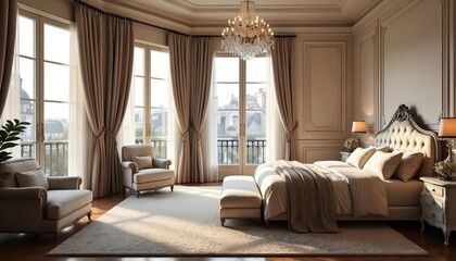 Elegant Parisian bedroom featuring plush bed, ornate crystal chandelier, classic French interior design. Large windows with draped curtains offer city views, complemented by comfortable armchairs,