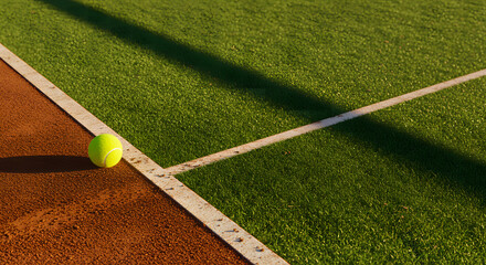Tennis ball on clay court near baseline with white marking lines close up
