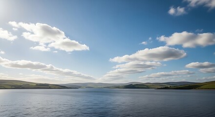 Beautiful lake with blue sky and white clouds on a sunny day
