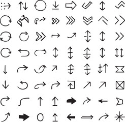 A modern minimalist collection of black arrow icons in various styles and directions, including straight, curved, circular, and chevron designs. Perfect for UI/UX, navigation, infographics, presentati