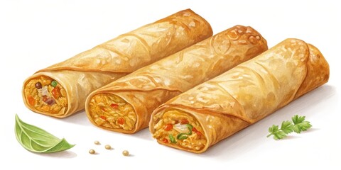 Golden Egg Rolls, Watercolor Illustration, Asian Cuisine, Spring Rolls, Egg Roll Recipe