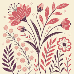 Retro Pink and Maroon Floral Vector Illustration on Cream Background