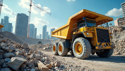 Obraz premium Large yellow dump truck on construction site. Pile of broken building materials, rubble scattered on ground. Cranes and skyscrapers in background signify urban development and demolition progress.