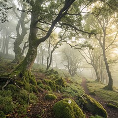 Fototapeta premium Misty Forest Path with Moss Covered Trees