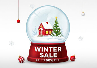 Winter sale promotion featuring snow globe christmas tree and house on white background.