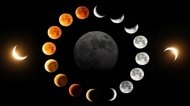 The captivating cycle of lunar phases unfolds, showcasing the moons transformation from a bright crescent to a full orb and back again, interspersed with the dramatic hues of a lunar eclipse