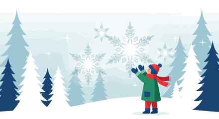 Illustration of a child playing in a snowy forest surrounded by snowflakes and winter trees