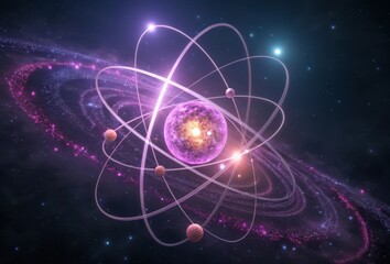 Obraz premium An atom model with glowing nucleus and orbiting electrons in space