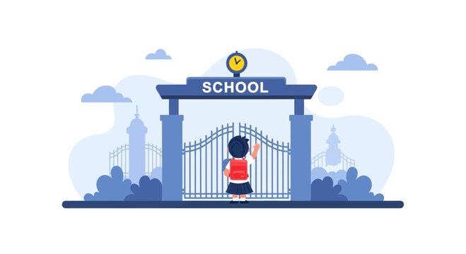 Illustration of a child with a backpack at the school entrance welcoming back to school time