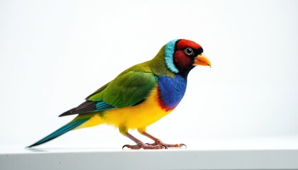 Obraz premium Vibrant Gouldian finch bird with striking plumage of green, yellow, red, blue perched on white surface. This small exotic avian species, native to Australia, displays bright feathers, delicate feet.