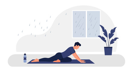 Obraz premium Illustration of a man practicing yoga indoors on a rainy day for wellness and flexibility