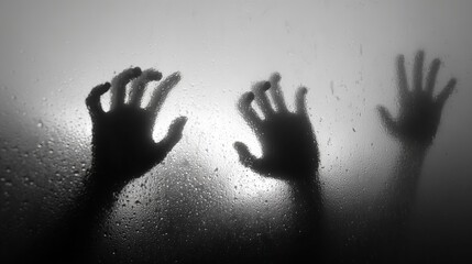 Spooky shadow of hands reaching through a foggy window on a dark and eerie night with a mysterious atmosphere Generative AI