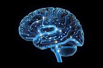 Futuristic glowing blue digital brain with interconnected circuits and nodes representing artificial intelligence and neural networks isolated on white background