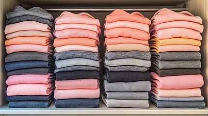 Stacks of neatly folded clothes in a closet.