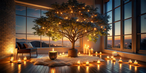 Naklejka premium A cozy room featuring a large tree surrounded by glowing candles and soft lighting. The sunset casts a warm glow through the windows illuminating the tranquil setting