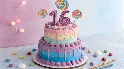 Two tiered birthday cake decorated with lollipops and the number sixteen on a pastel background on transparent background silhouette
