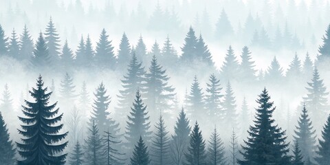 Obraz premium Misty Pine Forest Silhouette, Winter Landscape, Conifer Forest, Foggy