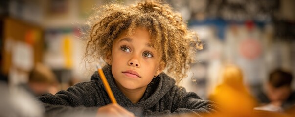 Thoughtful young student sitting in a classroom with a pencil in hand