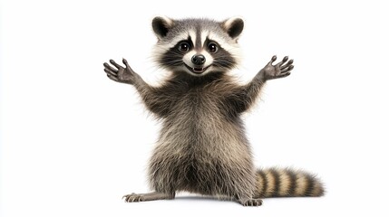 Naklejka premium Raccoon stands with arms up, posing happily on a white studio background