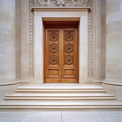 Obraz premium Grand Ornate Wooden Doors Entrance, Classical Architecture, Elegant Stone Steps, Luxury Estate, Serene Mood