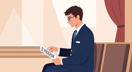 Illustration of an elegant man in suit reading program details before the event start