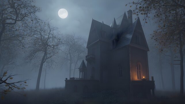 A night of terrifying beauty: The allure of mystery from an old castle hidden behind the shadows of trees.