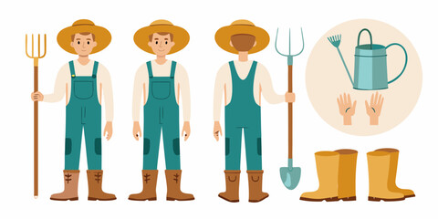 Farmers with tools and gardening equipment illustration