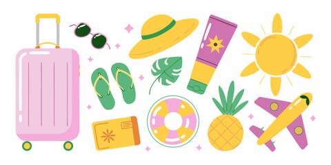 Summer vacation essentials collection with suitcase and airplane