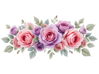 Purple and pink rose floral composition bouquet design isolated on transparent background 