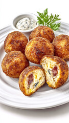 An artistic food drawing of seven Arancini fried rice balls with bacon and melted cheese.
