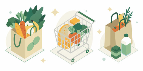Healthy groceries in shopping bags and cart