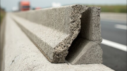 Cracked Concrete Barrier on Highway Shoulder near Traffic Flowing