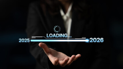 Visualizing the shift from 2025 to 2026. Progress bar symbolizing advancement, strategic foresight, yearly goal-setting, and business transformation for the upcoming year. Spline