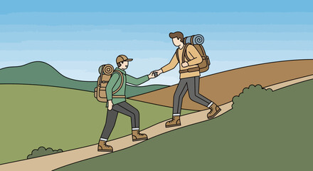 Illustration of two hikers assisting each other on a challenging mountain trail journey together